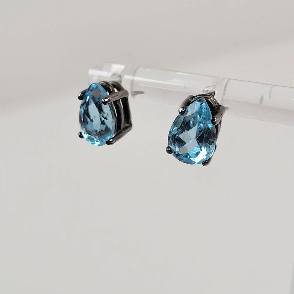 925 Sterling Blue Spinel Stud Earrings Pear Cut Light Blue 9mm